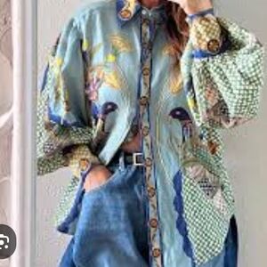Women's Bohemian Floral  Button-Up Shirt - Blue